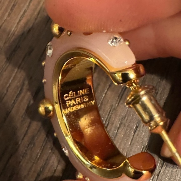 Celine Phoebe Philo Peach-Pink Enamel Hoop Earrings – Gold Studs & Crystals - Picture 4 of 6